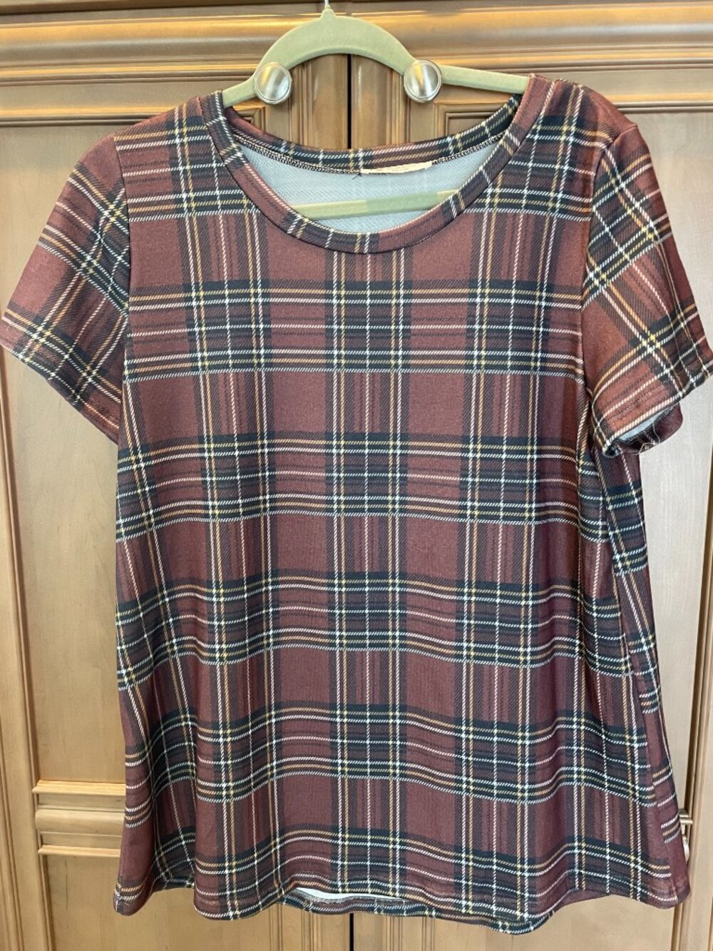 Women's Brown Plaid Short Sleeve Top
